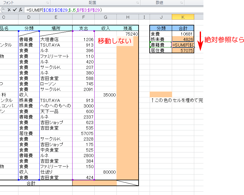 正しく参照がコピーされたSUMIF関数