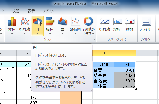 範囲を選択してグラフウィザードを起動